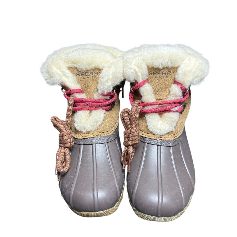 NEW Sperry Kids Sider Duck Boots Winter Fur Lined Red Laces Brown Tan Size 10M - Picture 3 of 10